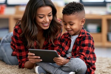 Fototapeta premium Mother and son bonding with educational tablet technology