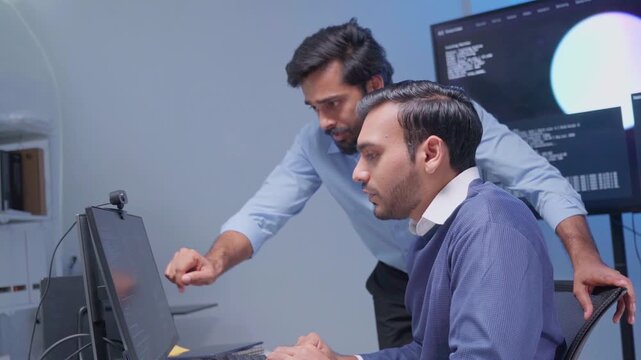 Software engineering use computer working development office are assisting algorithm systems or verifying code. Programmer teamwork using artificial intelligence on laptop analysis or writing coding