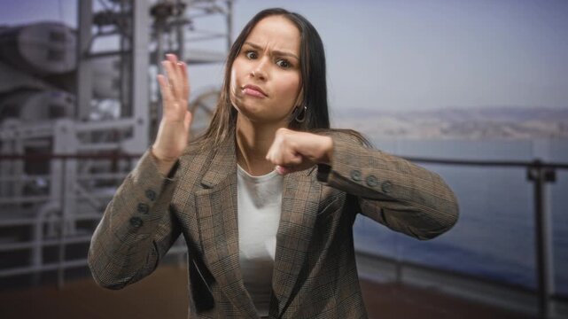 Woman making chopping hand and clenched fist gesture on cruise ship deck with stern, annoyed face; frustration assertiveness urgency.