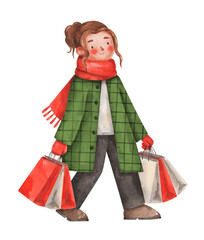 Christmas shopping. A beautiful girl with shopping bags. Watercolor illustration isolated on white background. Template for New Year greeting card.