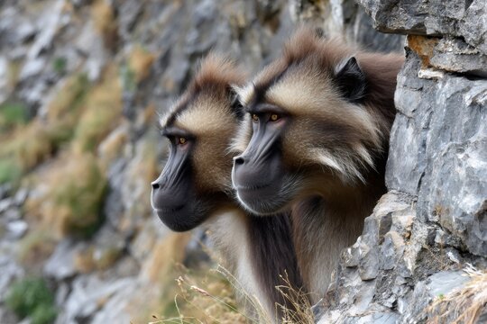 Gelada monkeys observing habitat from rocky cliff