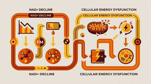 Biological diagram showing nad plus decline and cellular dysfunction
