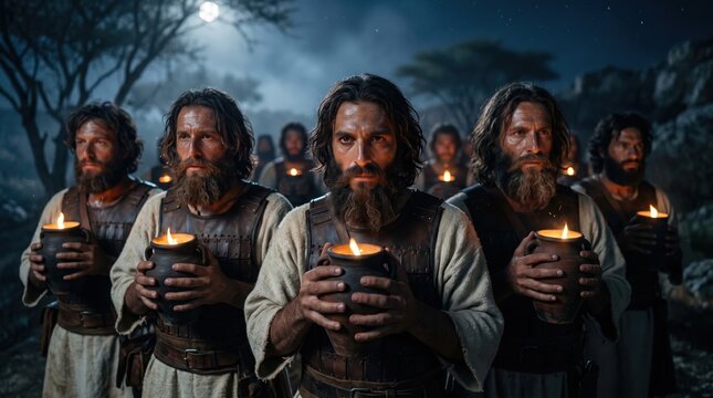 Gideon and his army holding torches in clay jars at night. Biblical soldiers preparing for battle. Old Testament scene