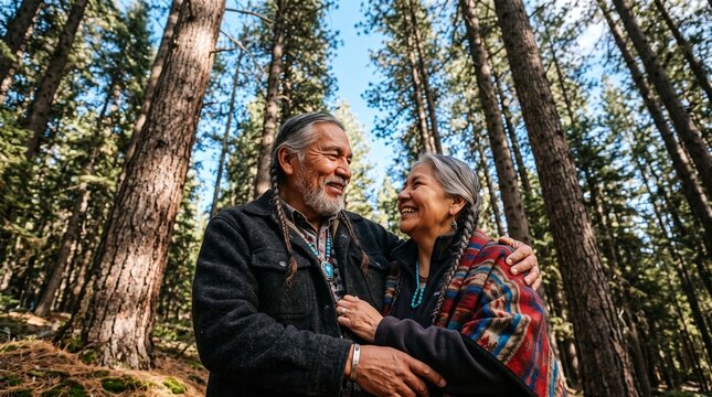 Elderly Couple Embracing in Forest: An elderly Native American couple shares a tender embrace amidst the towering trees of a sun-dappled forest.