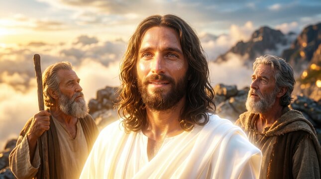 Transfiguration of Jesus Christ with Moses and Elijah on a mountain. Biblical scene of divine glory above the clouds