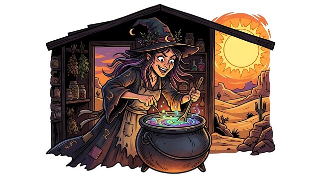 Witch brewing a magic potion in a desert shack under a bright sun