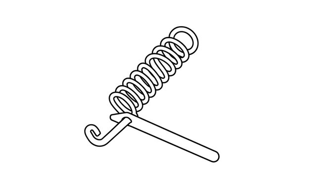 Coiled metal spring with hook on white background.