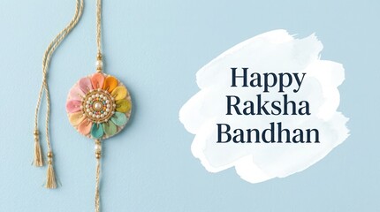 Fototapeta premium Happy raksha bandhan greeting card with stylish floral motif bracelet rakhi on light blue textured background for sibling.