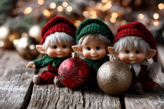 Christmas elves holding ornaments on rustic wood
