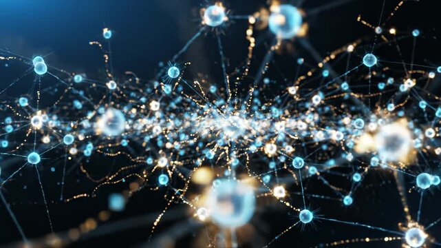 Dynamic Network of Glowing Nodes and Data Particles Flowing in a Futuristic Digital Space