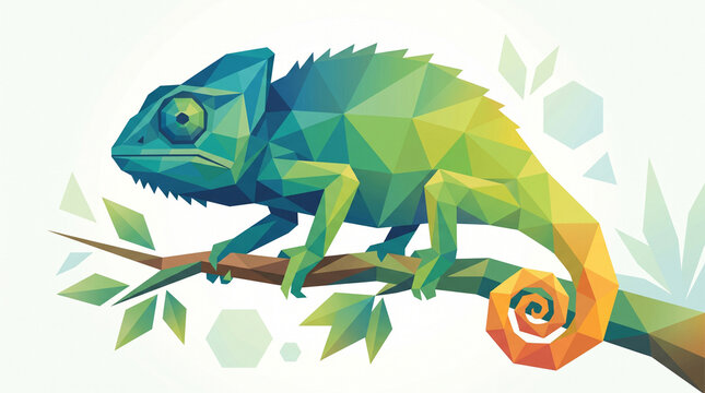 Colorful low-poly chameleon on a branch. Geometric reptile illustration for nature and wildlife projects.