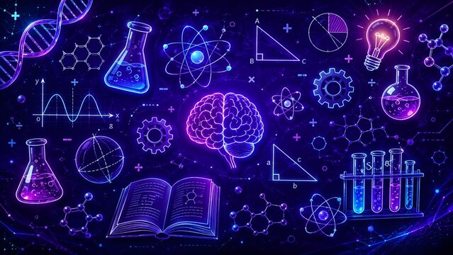 Futuristic Glowing Brain with Science Formula Education Icons Background Concept Illustration
