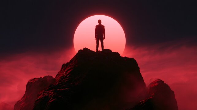 Man silhouette standing on mountain peak under red sun