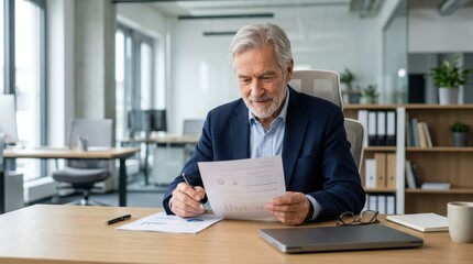 Fototapeta premium Senior businessman working on laptop in office.