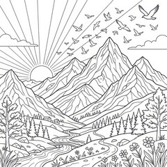 Fototapeta premium Sunrise over majestic mountain range with flying birds
