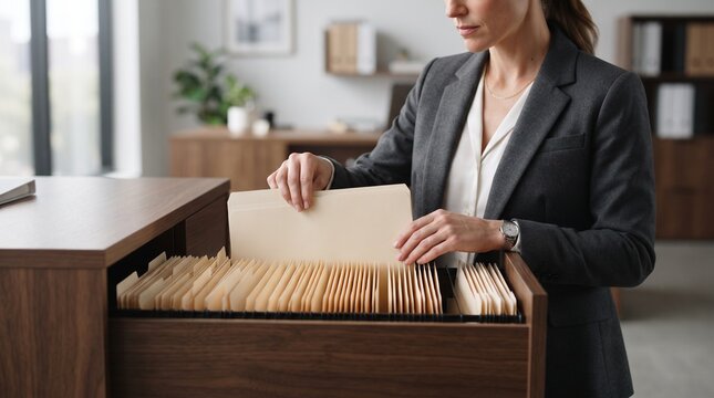 Professional businesswoman organizing paper files in office filing cabinet document management system