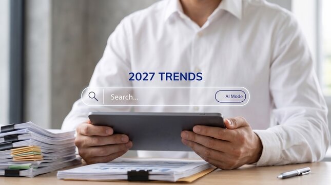 Professional business person navigating digital search interface for future market trends with interacting futuristic search professional white shirt