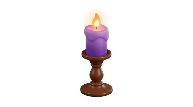 Purple candle with a glowing flame on a brown wooden candlestick