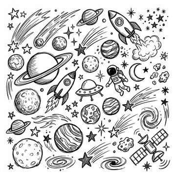 Hand-drawn outer space doodles with rockets, planets, astronauts, and comets. Black ink sketch for educational blogs, science cliparts, and kids design.
