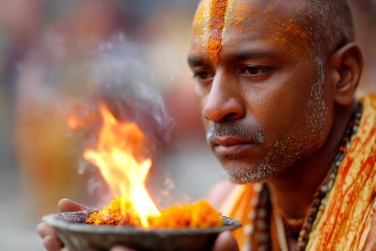 Hindu priest performing puja ritual with fire offering