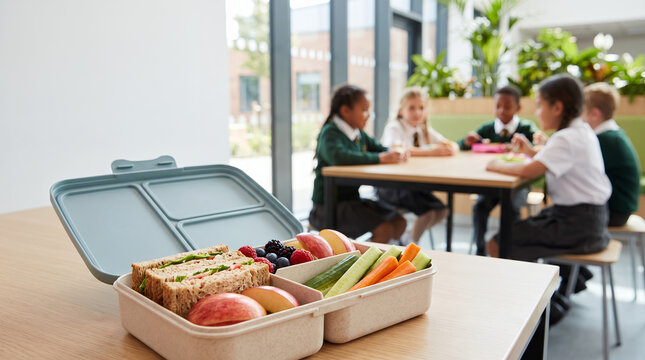 School lunch box with healthy food in foreground and students chatting  