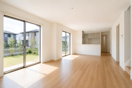 新築戸建ての明るい空のLDK内観素材