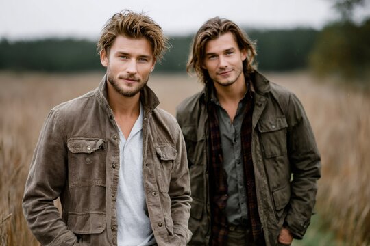 Two young men posing outdoors in field