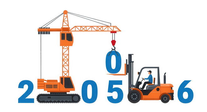 Construction crane and forklift building the year 2056 design isolated on transparent background