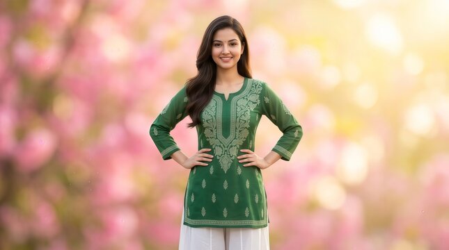 Woman in a green embroidered short kurta with hands on hips