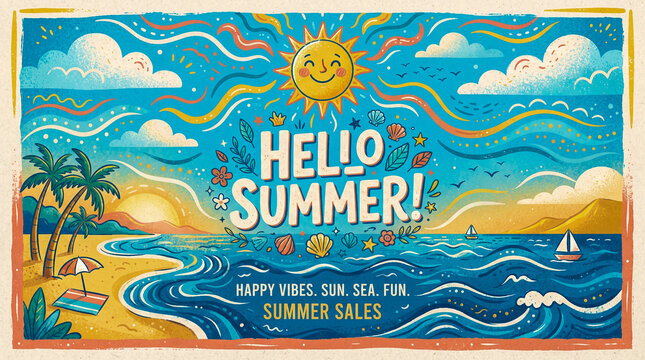 Colorida ilustraci&oacute;n veraniega con el texto "HELLO SUMMER", playa tropical, sol radiante, olas, palmeras y elementos playeros en un estilo alegre y vibrante.