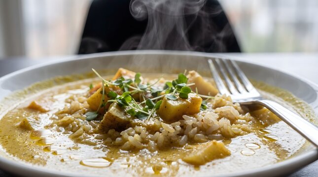 Steaming hot vegetable curry served with rice and microgreens