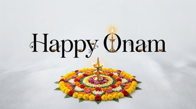 Happy Onam festival with floral pookalam and traditional Kerala lamp for auspicious celebration.