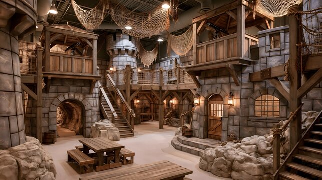 Medieval castle themed indoor playground with stone fortress structures, wooden balconies, bridges, and fishing net decor.