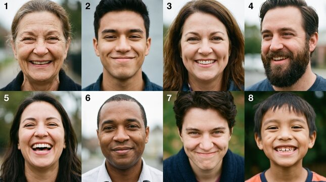 Grid collage of eight diverse people smiling and looking at the camera outdoors