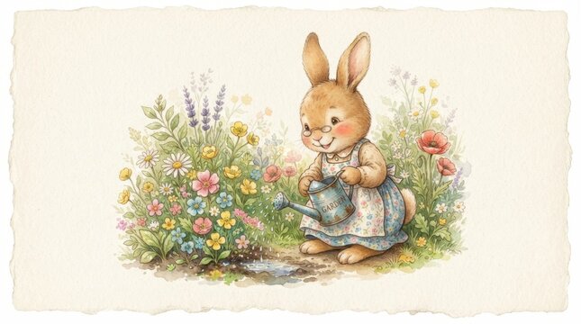 Cute bunny watering colorful flowers in garden, vintage illustration, watercolor style.