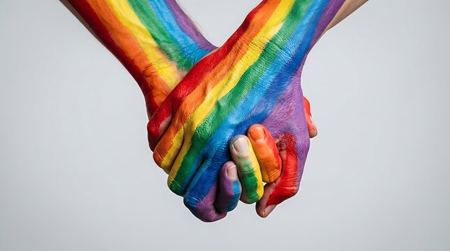 Close-up of two hands painted with rainbow colors, holding each other tightly.
