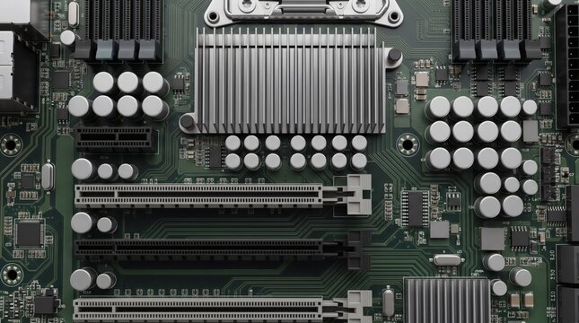 Detailed close up view of a modern computer motherboard electronic circuit board.
