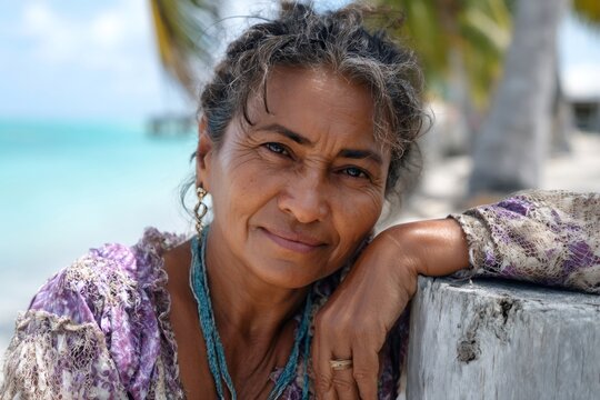 Indigenous mature woman smiling on tropical beach