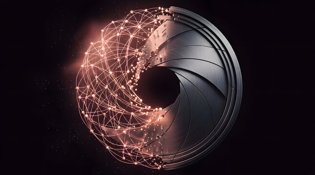 Camera aperture shutter with glowing particles. Abstract lens mechanism with light effects.