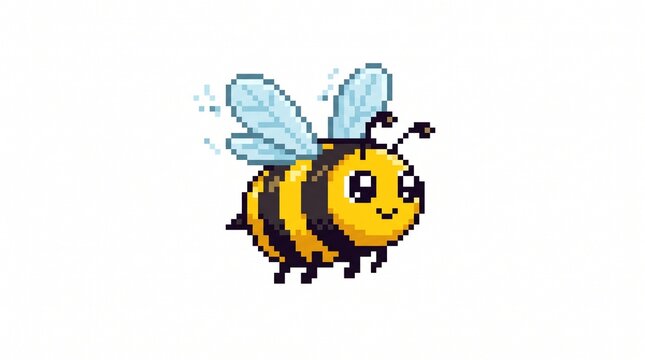 Flying bee in pixel art style, isolated, cute expression, transparent background, clean pixel edges