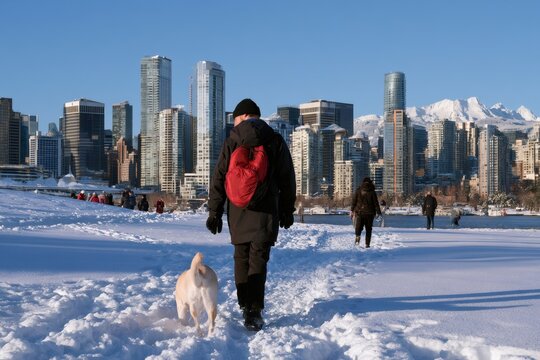 Person walking dog in snowy vancouver city park