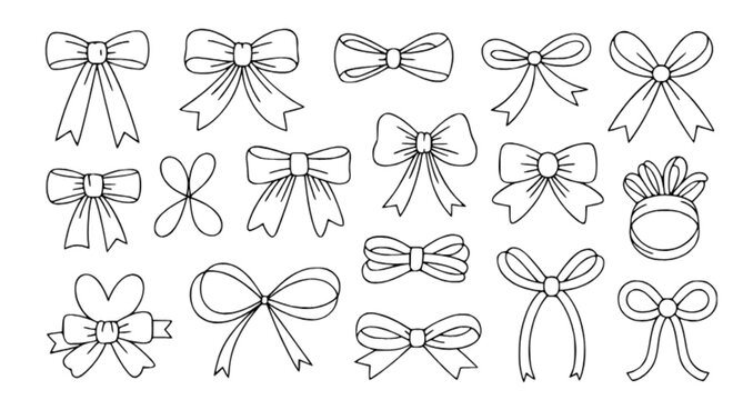 Hand Drawn Gift Ribbon Bows and Hair Accessories Doodle Line Art Vector Set
