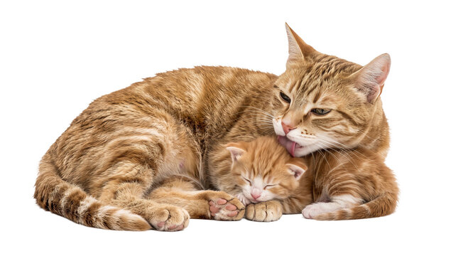 Mother cat tenderly grooming her sleeping kitten on a white background