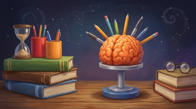 Brainstorming concept with pencils hourglass books and a human brain illustration