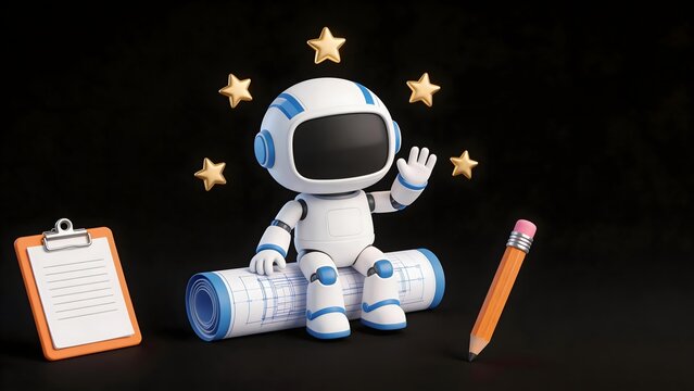 White and blue robot astronaut sitting on rolled blueprint with clipboard pencil and golden stars against black background