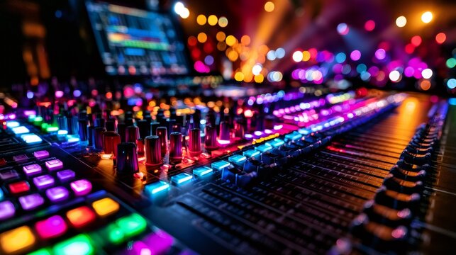 Digital audio mixer console with colorful lights at night