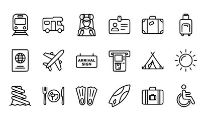 Fototapeta premium Minimal Travel Tourism and Outdoor Adventure Thin Line Icon Collection for Web and Mobile Design