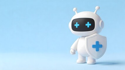 Naklejka premium White robot with blue medical cross eyes and shield holding a shield with cross symbol on light blue background
