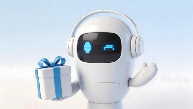 White robot with headphones holding a blue-and-white gift box displaying a smiling pixelated face on screen