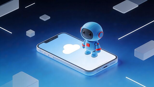 Blue robot mascot standing on smartphone screen with cloud icon surrounded by floating geometric shapes on blue gradient background